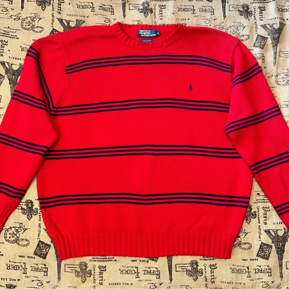 Polo Ralph Lauren Red/Navy Crew Neck Pull Over Knit Cotton Pony Sweater Size XL